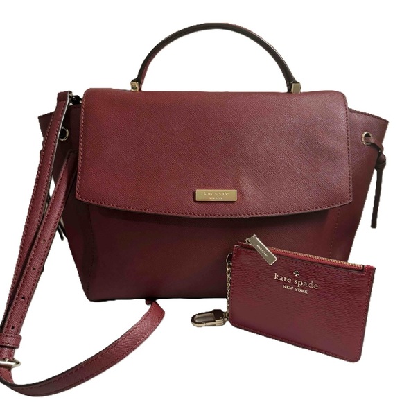 Kate Spade Maroon Leather Way Lilah Top Handle Bag, Card Holder, Dust Bag - Picture 5 of 15